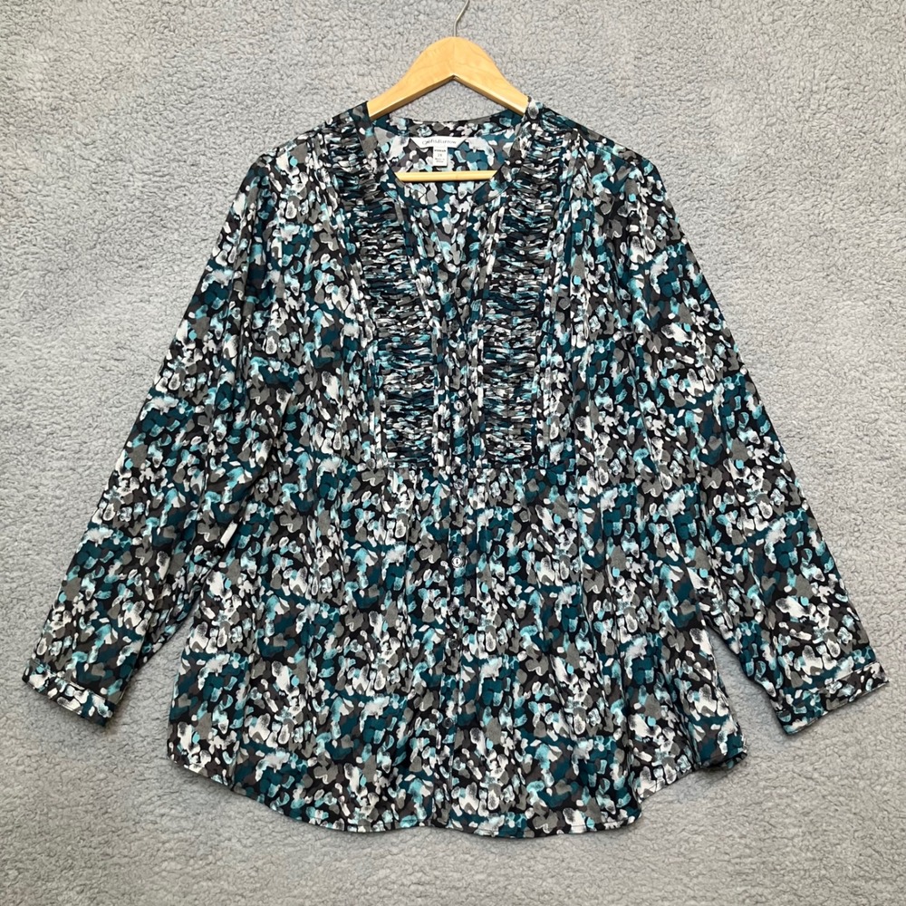 Croft&Barrow Button Up Blouse Women 2X Plus Teal Office Artsy Ruffle Spring Top - Picture 1 of 7